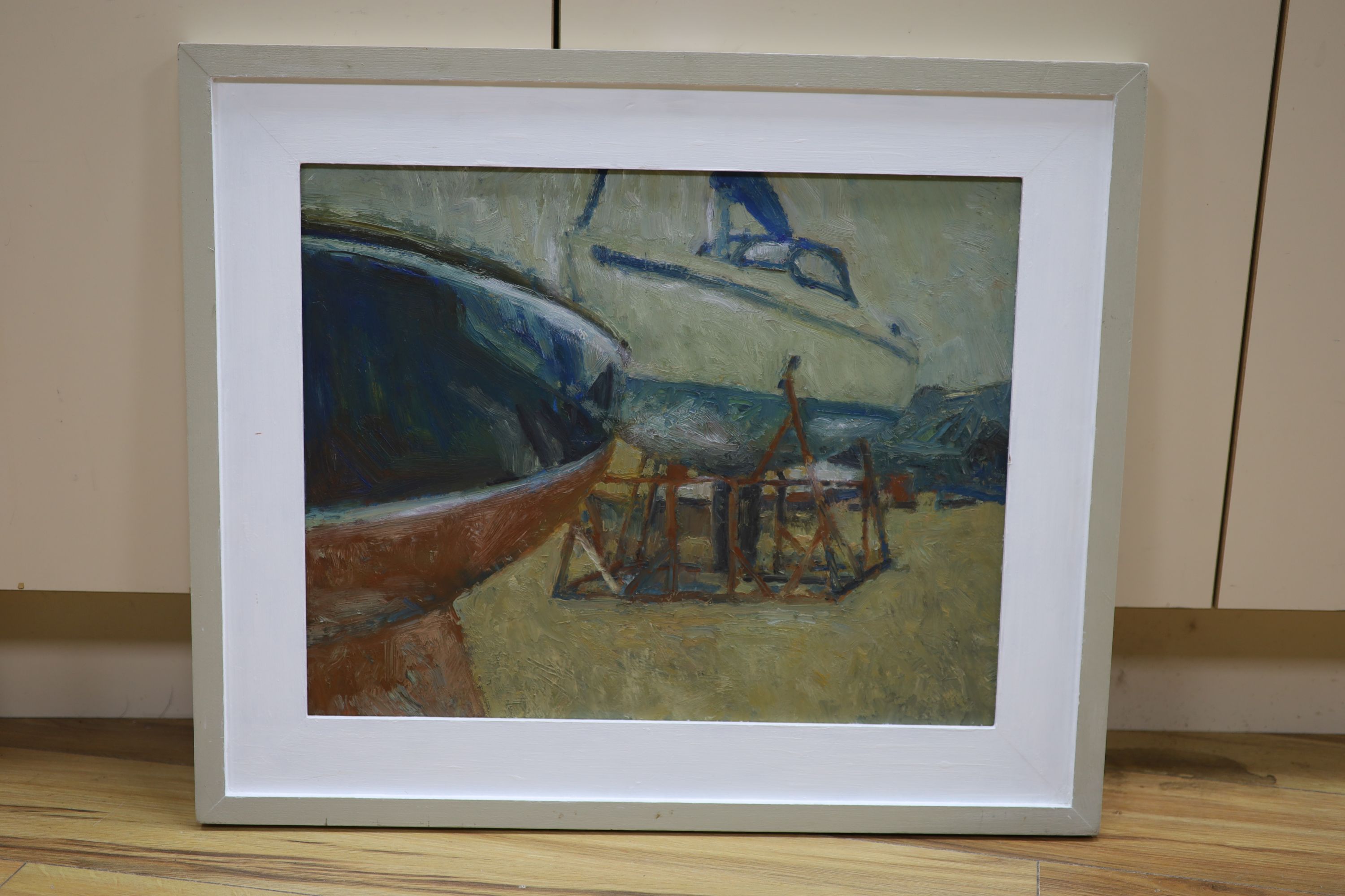 Modern British, oil on board, Cockle Boats, Old Leigh, 40 x 50cm